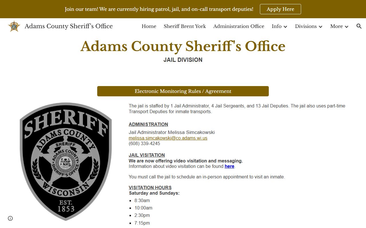 Adams County inmate records Jail Division page with visitation commissary and deposits