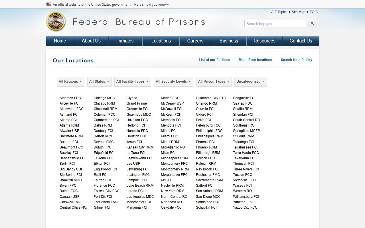 BOP Wisconsin facilities list showing Federal Correctional Institution Oxford
