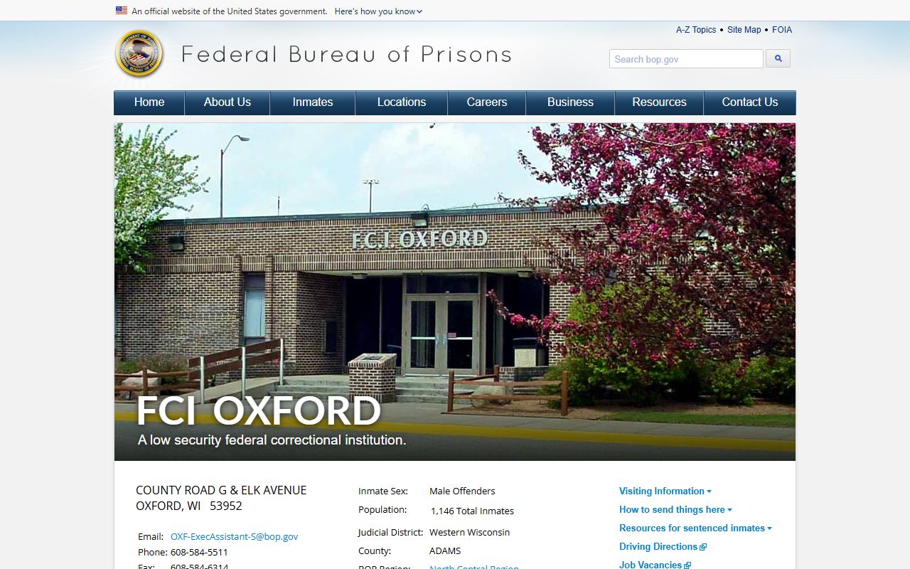 Federal Correctional Institution Oxford BOP facility page in Adams County