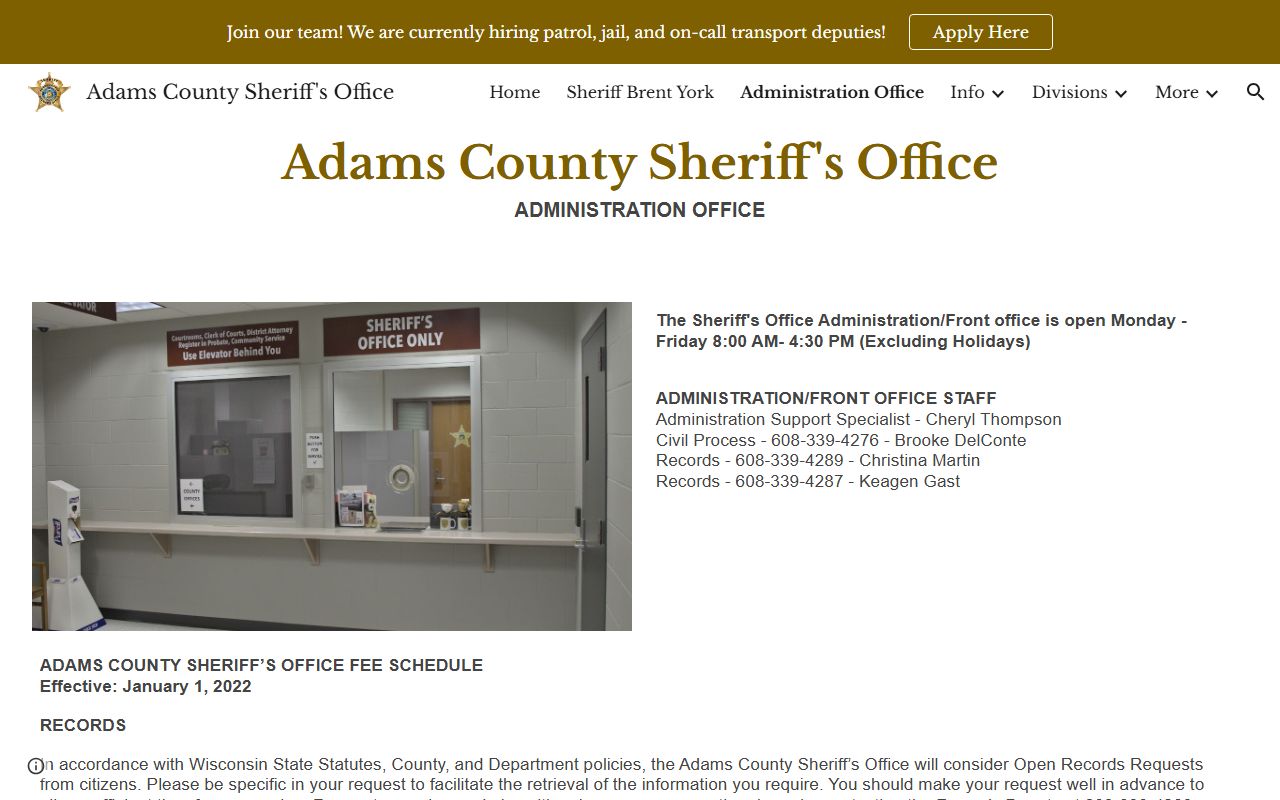 Adams County inmate records fee schedule and open records page